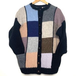 VTG Hand Knit Chunky Patchwork Oversized Granny Cardigan Cozy Sweater Jacket
